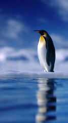 Obraz premium A solitary penguin stands on ice, reflecting in the calm water under a blue sky