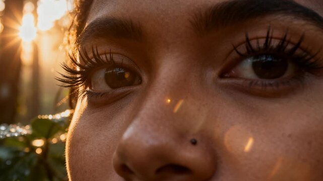 Moving camera from left toward eyes in woods as sun flecks traveling, showing nose stud, lashes