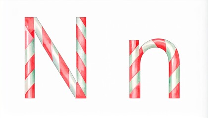 Fototapeta premium Candy cane capital and small letter N. Red and white striped letter on solid white background