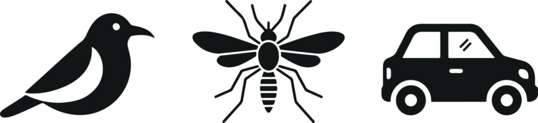 Bird silhouette, flying insect bug, and car vehicle icon vector set isolated on light background for wildlife, transportation, and design symbols © Garun Creative