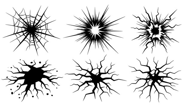 Dynamic shattered crack and impact fracture vector collection with black broken surface designs