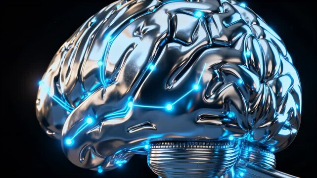 Chrome brain model powering up, rotating as blue channels pulsing to show circuits on dark backdrop