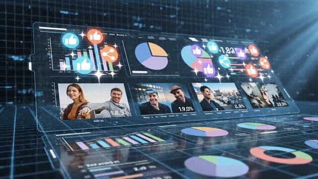 Abstract data analysis display with charts and graphs on digital screens