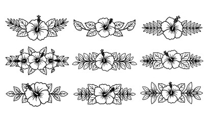 Decorative hibiscus flower borders with botanical leaf ornaments black floral divider vector set © MdRoni