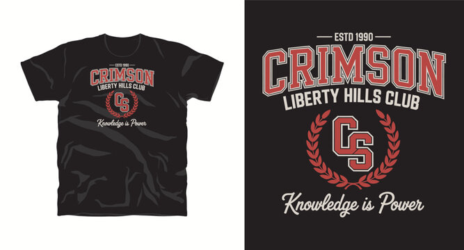 Crimson liberty hills club estd 1990 varsity style t-shirt design with laurel wreath