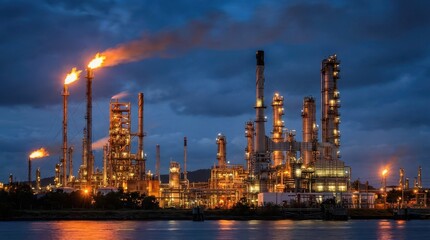 Obraz premium Industrial refinery at night glowing with flames and bright lights