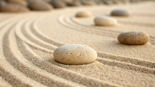 Pebbles on warm beige sand with mindful patterns at a tranquil outdoor setting during sunlight hours