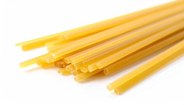 Close-up of uncooked bucatini pasta showing hollow tube ends on white