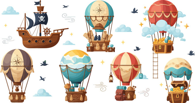 Steampunk Hot Air Balloon Adventure Clipart Set with Pirate Airship, Vintage Balloons, Compass, Ladders and Travel Elements for Fantasy Exploration Designs