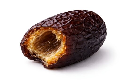 Ajwa Date with Bite Mark Isolated on White Background, کھجور, تمر, hurma, Premium Madinah Khajoor Interior Detail, Healthy Ramadan Snack Ingredient Macro Food Photo