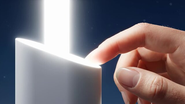 Close up of a hand touching a minimalist white device emitting a bright beam of light as a visual metaphor for light-based technology