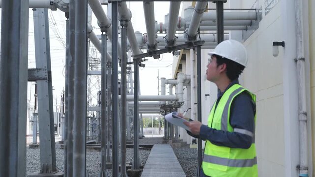 Engineer on patrol in a power substation corridor, reviewing inspection documents and checking equipment to support preventive maintenance, field safety, and grid reliability.