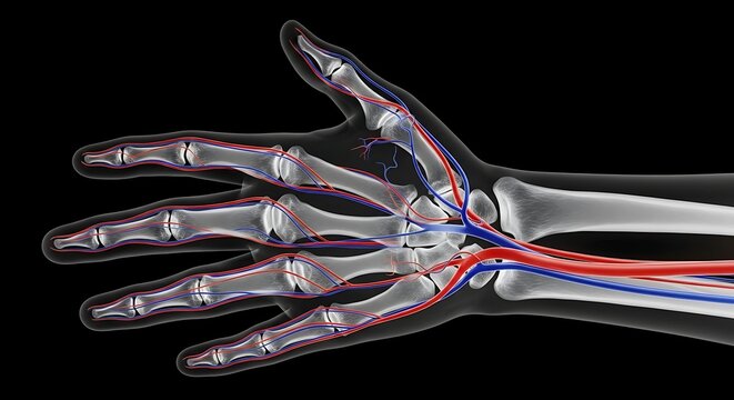 Medical illustration detailing human hand bones arteries and veins circulation system