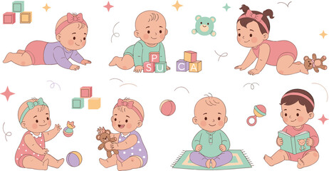 Cute Baby Milestones Clipart Set with Crawling, Sitting, Playing Toys, Reading Book and Educational Blocks for Nursery, Parenting and Childhood Designs