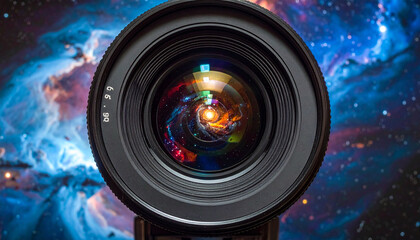 Camera lens close up with reflection of space galaxy background
