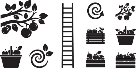 Obraz premium Black and white icons of fruit and gardening tools