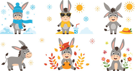 Naklejka premium Cute Donkey Seasonal Clipart Set Featuring Winter, Summer, Autumn and Spring Donkey Characters with Weather Elements, Flowers, Leaves and Nature Symbols