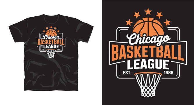 Chicago basketball league est 1986 t-shirt design with basket and stars in bold typography