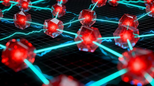 Pulsing red faceted nodes reacting to camera approach on dark grid, emitting cyan electric arcs