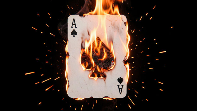 Burning ace spade playing card fire flame dark background casino gambling risk bad luck failure danger dynamic action heat destruction