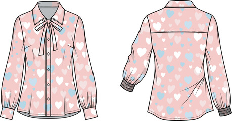 Fashion illustration of women’s blouse with playful heart pattern, button-down front, collar bow tie, long gathered sleeves, and flared hem