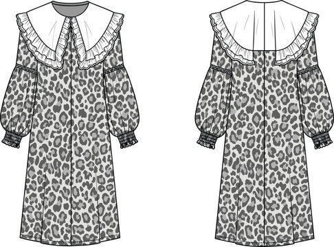 Leopard print dress technical drawing with oversized ruffled collar and long balloon sleeves, fashion flat sketch front and back view template