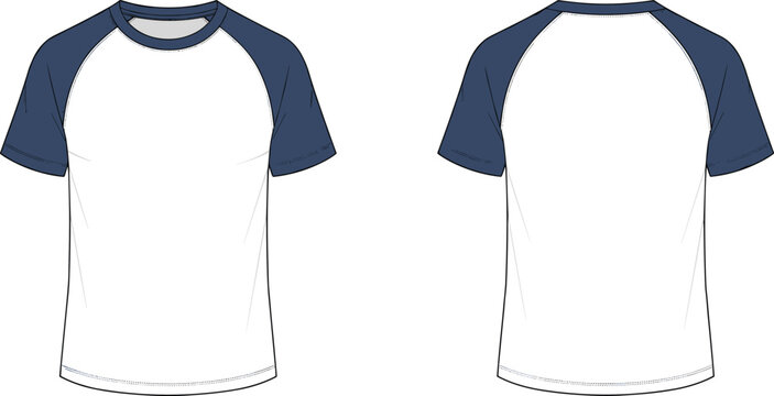Raglan t-shirt technical drawing with contrasting navy blue sleeves, baseball tee fashion flat sketch front and back view vector template