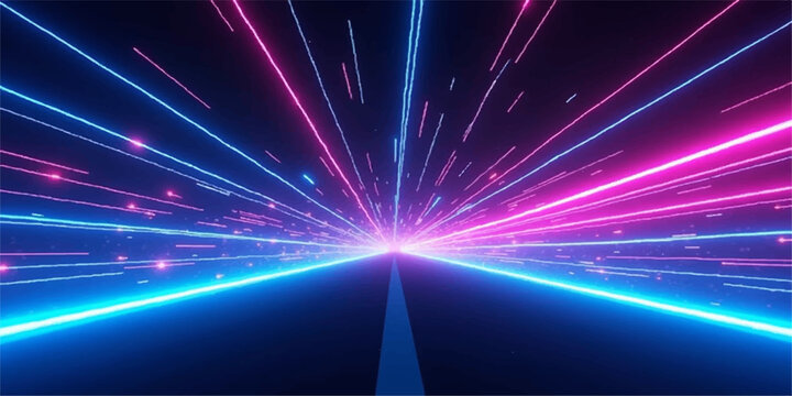 Blue glowing light trails burst across the night highway in a bright motion pattern of energy rays and shiny laser streaks for a magic space design background
