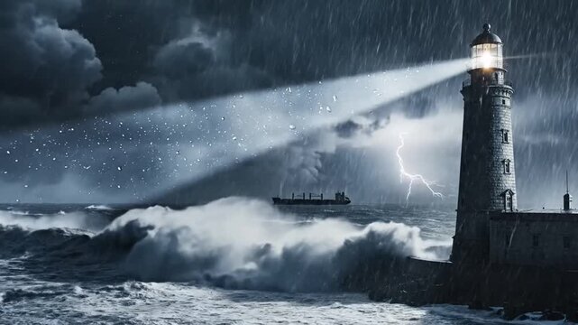 Dramatic lighthouse beam guides ship through stormy ocean waters at night