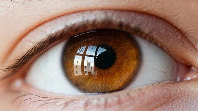 Starting frame sequence, single human eye holding steady near window, observing reflected building