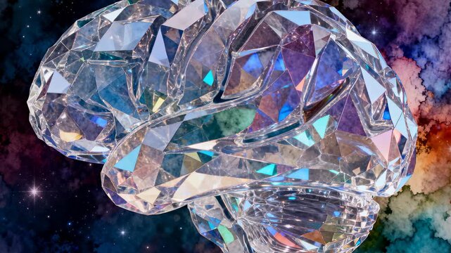 Moving cam rotating closer, revealing faceted brain and stem in nebula, showing right-lower facets