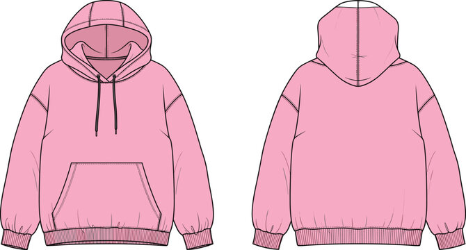 Technical fashion illustration of pink hoodie with kangaroo pocket, drawstring hood, ribbed cuffs, front and back view flat sketch design template