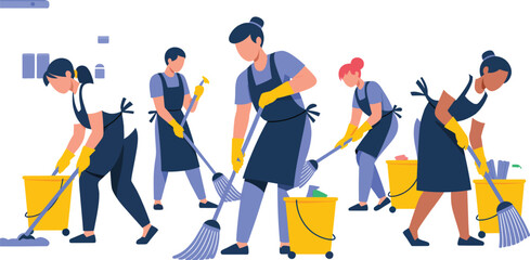 Fototapeta premium Diverse team of janitors work together diligently to clean and sanitize.