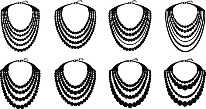 Elegant Pearl Necklace Collection Silhouette Set with Layered Beaded Jewelry Chains for Fashion Accessories, Luxury Ornament, and Jewelry Design
