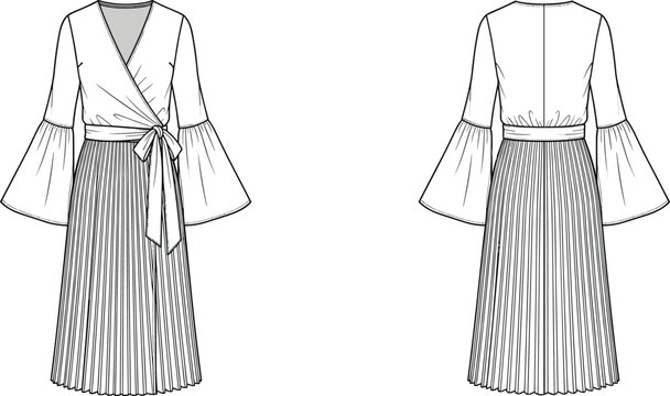Technical fashion illustration of women's wrap dress with bell sleeves, tie belt, and pleated midi skirt, front and back view flat sketch.