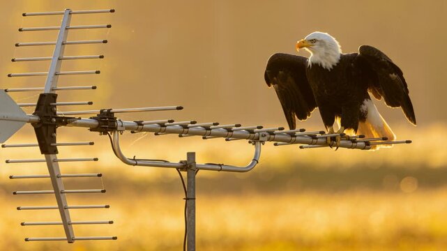 Turning head, bald eagle pushing off antenna above golden field preparing for flight, copy space