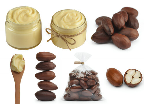Shea butter jars and nuts on white background cream spread