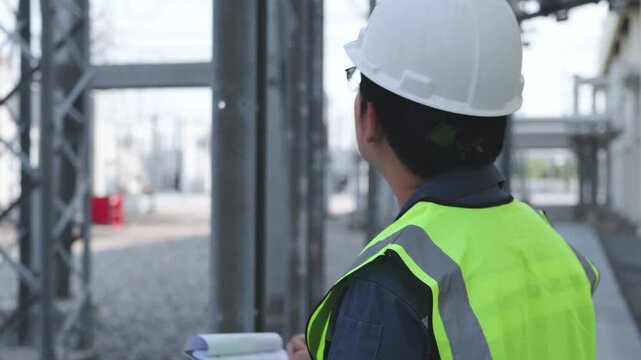 Engineer recording field observations while inspecting substation structures, supporting preventive maintenance, safety compliance, routine patrol, and grid reliability.
