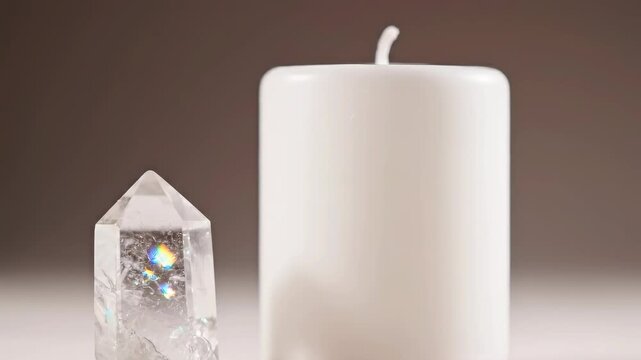 Crystal Quartz Point and White Pillar Candle Creating a Serene Ambiance