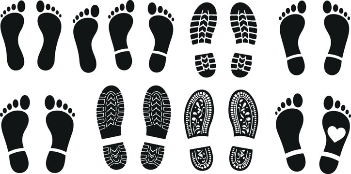 Footprint and shoe sole silhouettes set including barefoot tracks and boot tread prints walking trail vector illustration collection