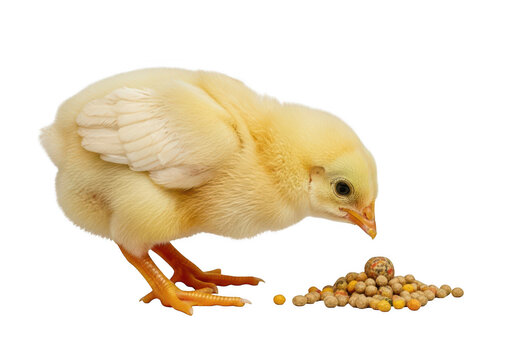 Young chick pecking at food on clean surface isolated on transparent background,png,PNG