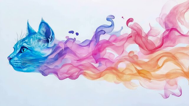 Abstract artistic illustration of blue cat head merging with vibrant flowing smoke trails in purple pink and orange on clean white backdrop