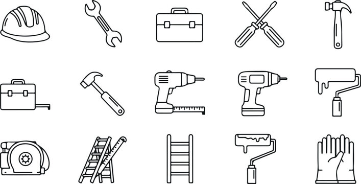 Construction tools and equipment line icons set including helmet wrench hammer drill toolbox ladder paint roller vector collection
