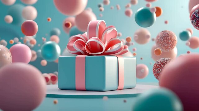 Beautifully wrapped present surrounded by floating, pastel-colored spheres in dreamy, soft-focus ethereal scene, evoking joy and celebration.