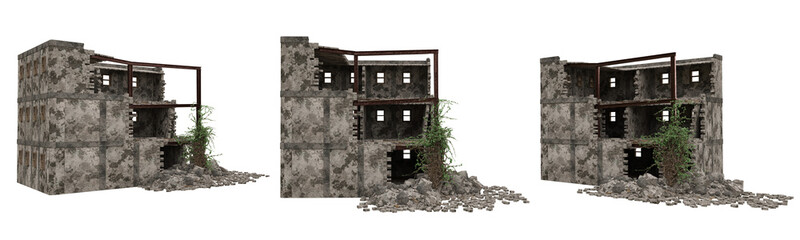 War damaged ruined buildings with rubble. Set of 3 isolated 3D rendered illustration.