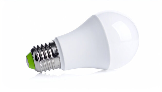 Isolated white LED light bulb with metallic screw base and green tip on white