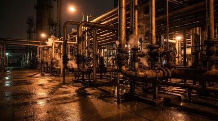 Industrial Pipeline System at Night with Steam and Reflective Surface