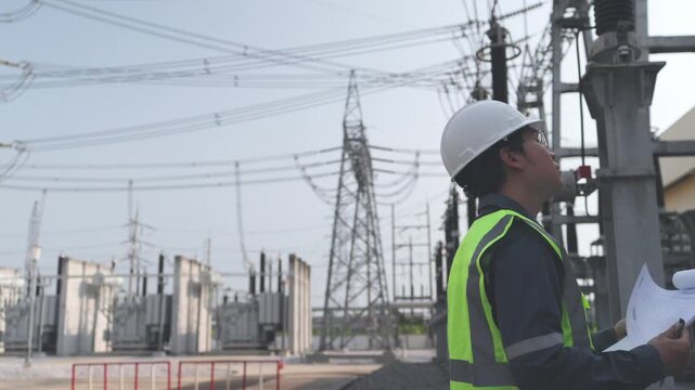Engineer reviewing inspection documents at a power substation, checking transmission equipment to support preventive maintenance, safety compliance, and grid reliability.