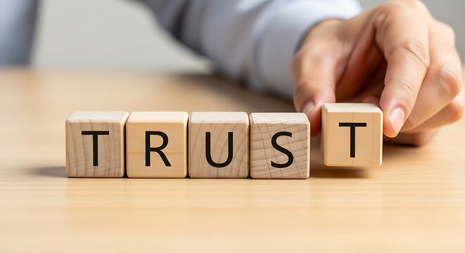 Hand places final wooden block to spell out the important word trust
