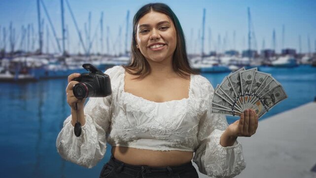Woman holding dslr camera and fanning us dollar bills at a marina pier, smiling and posing for profit; monetize creativity confidence.